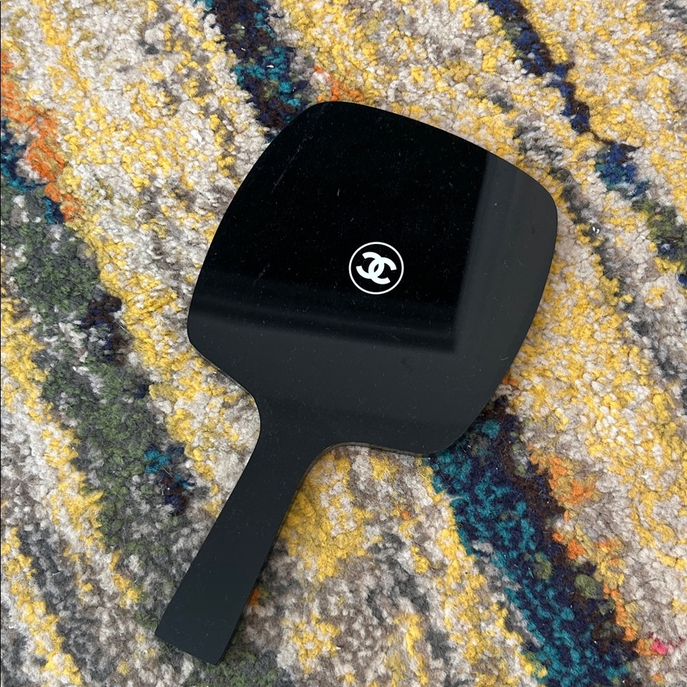 CHANEL Black Hand Mirror with White CC Logo